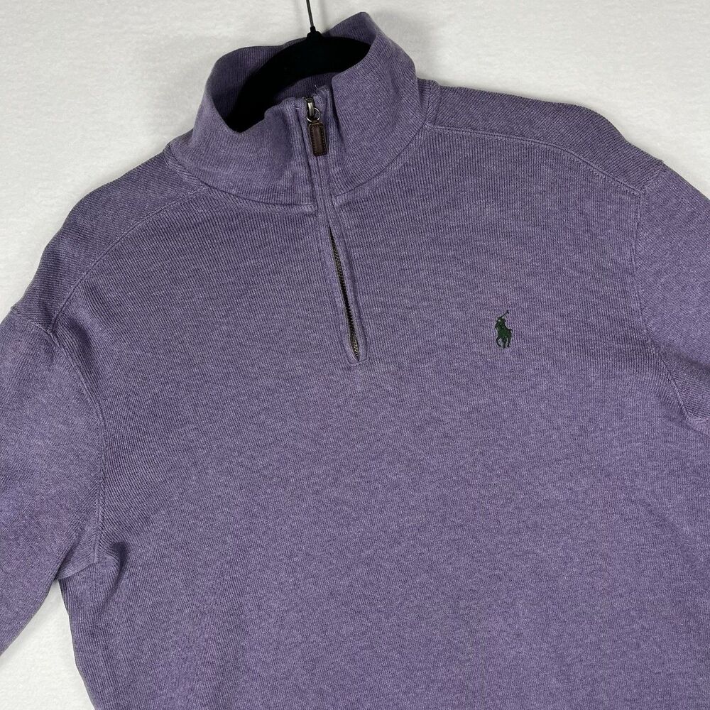 Polo Ralph Lauren Mens M Purple 1/4 Zip Sweater Cotton Ribbed Pony Logo